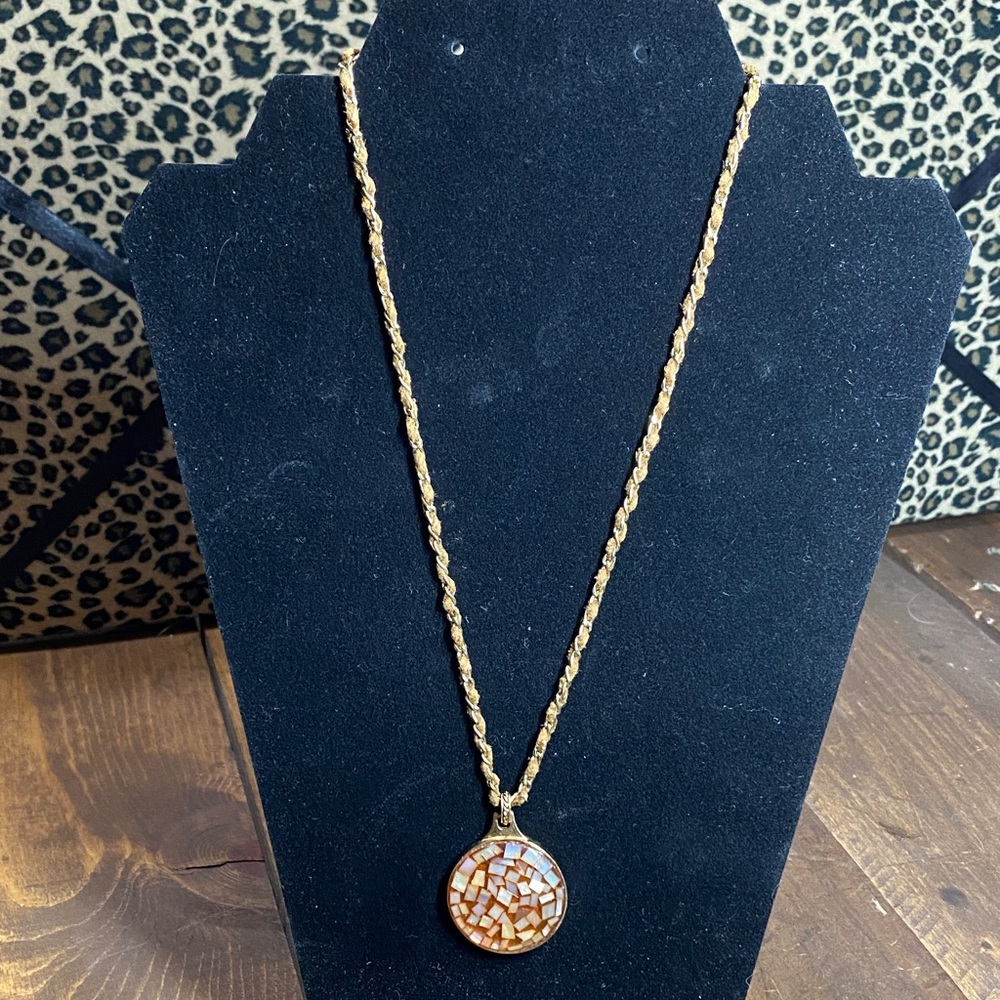 Monet Gold Vintage Necklace with Brown Mosaic Pendant
